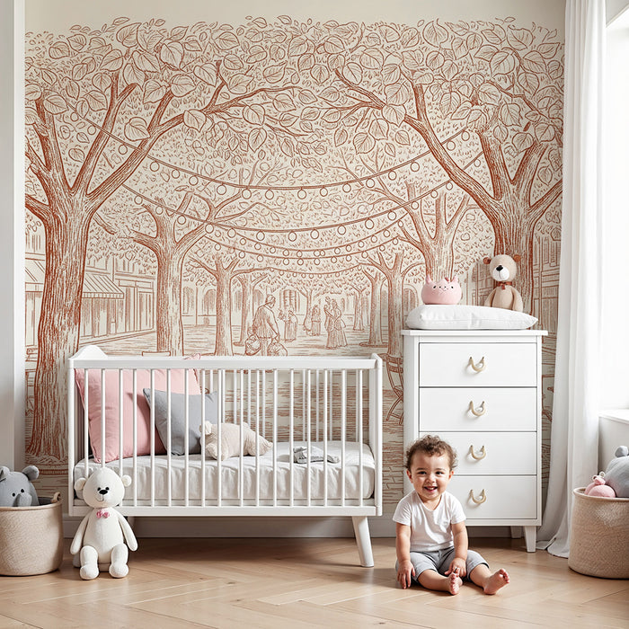 Papel de parede para quarto infantil | Passeio sob as árvores com guirlandas luminosas