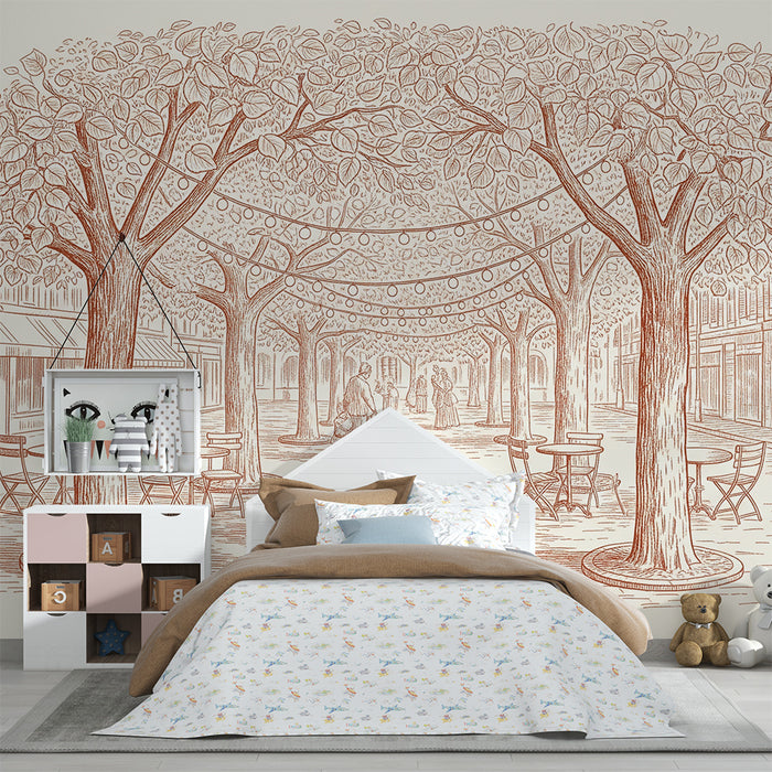 Papel de parede para quarto infantil | Passeio sob as árvores com guirlandas luminosas