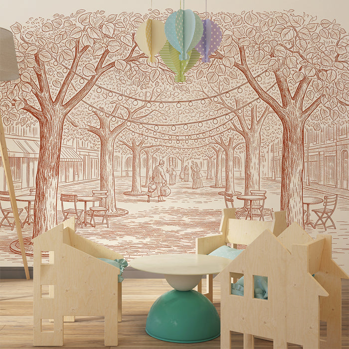 Papel de parede para quarto infantil | Passeio sob as árvores com guirlandas luminosas