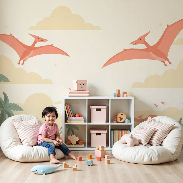 Kids room wallpaper | Pterodactyls flying over a colorful jungle