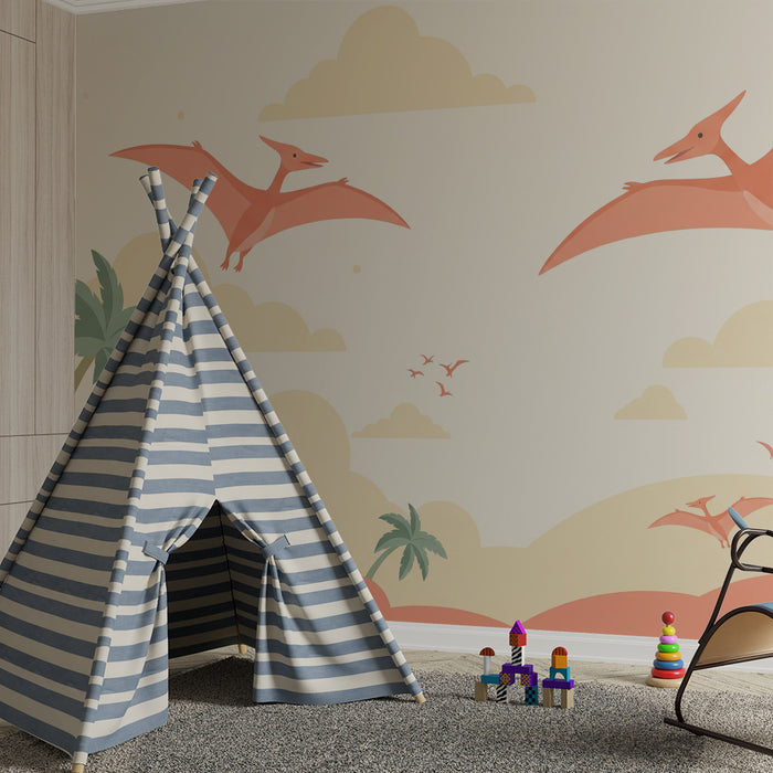 Kids room wallpaper | Pterodactyls flying over a colorful jungle