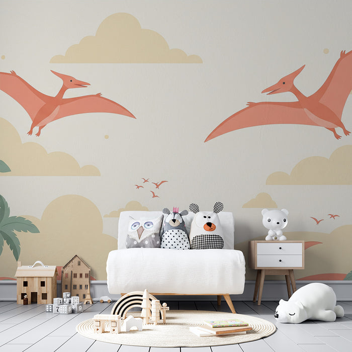 Kids room wallpaper | Pterodactyls flying over a colorful jungle