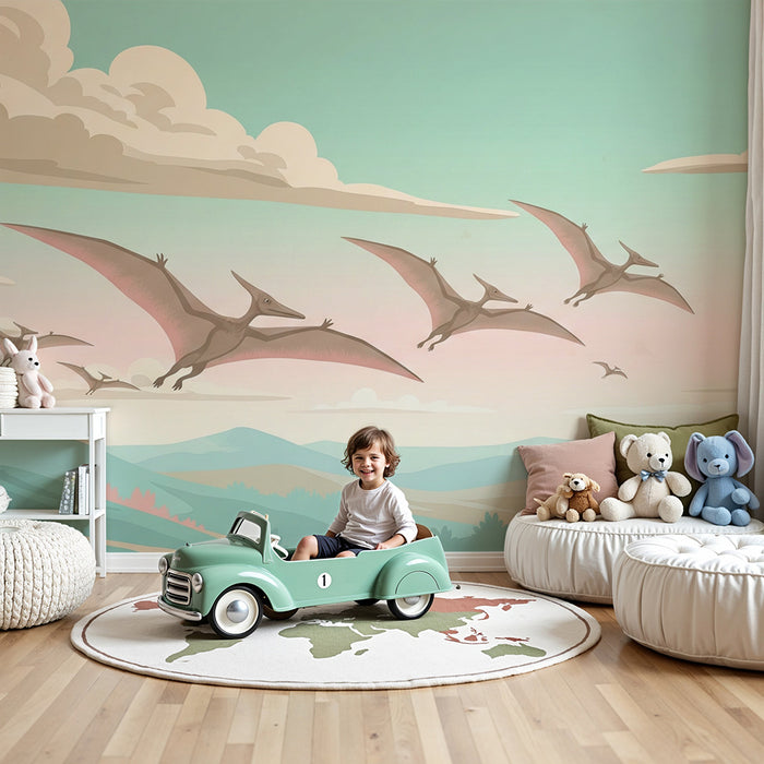 Kids room wallpaper | Pterodactyls flying over a background of pastel mountains