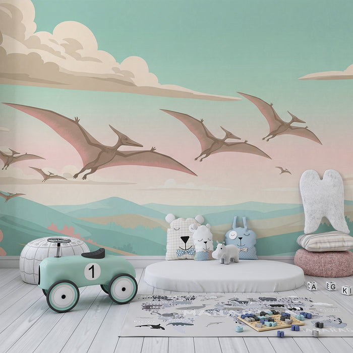 Kids room wallpaper | Pterodactyls flying over a background of pastel mountains