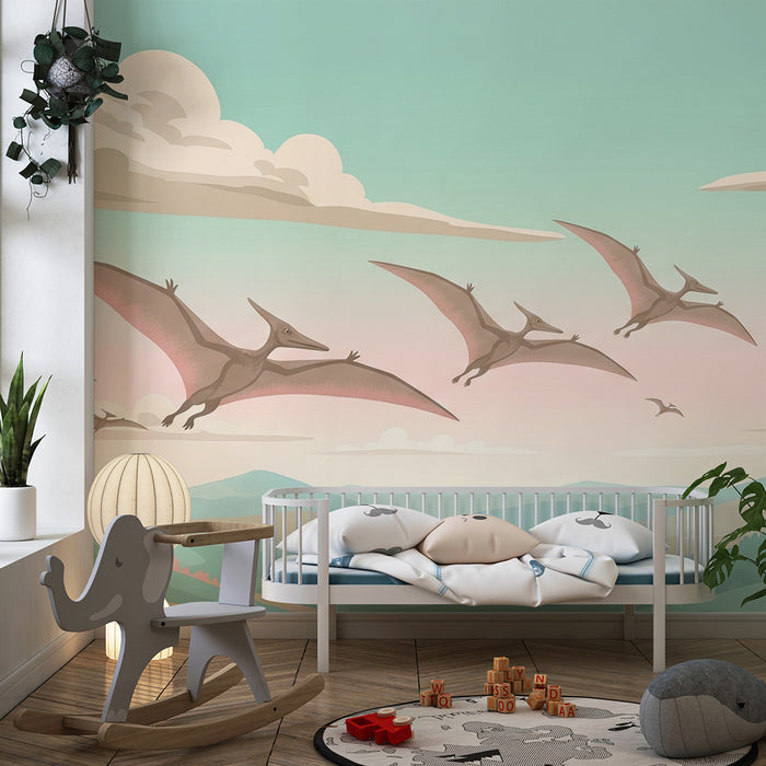 Kids room wallpaper | Pterodactyls flying over a background of pastel mountains