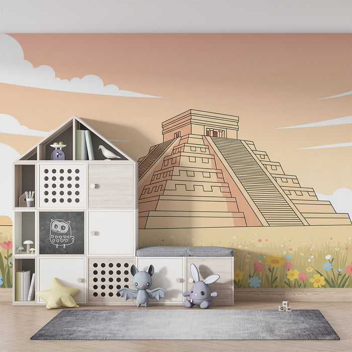 Børneværelses-tapet | Ægyptiske pyramider med farverige blomster