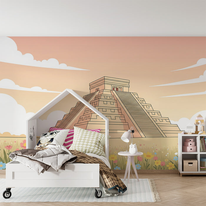 Børneværelses-tapet | Ægyptiske pyramider med farverige blomster
