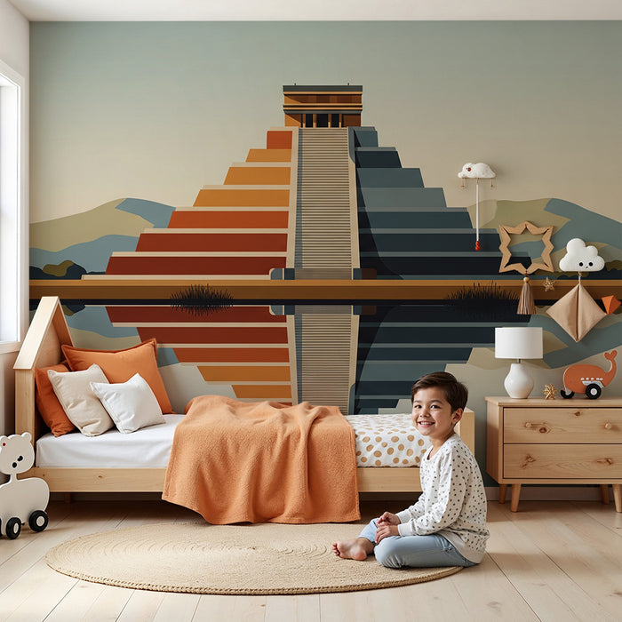 Papier peint chambre enfant | Pyramide colorée et paysage serein