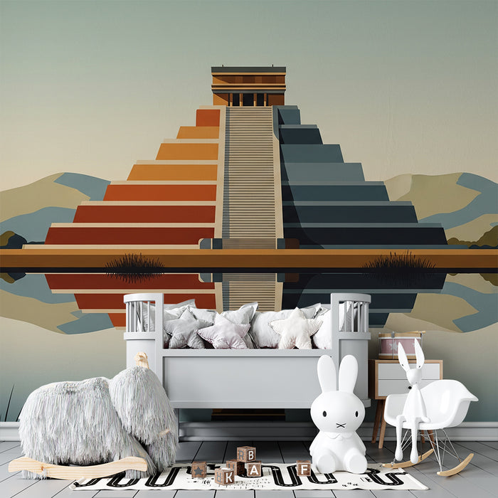 Papier peint chambre enfant | Pyramide colorée et paysage serein