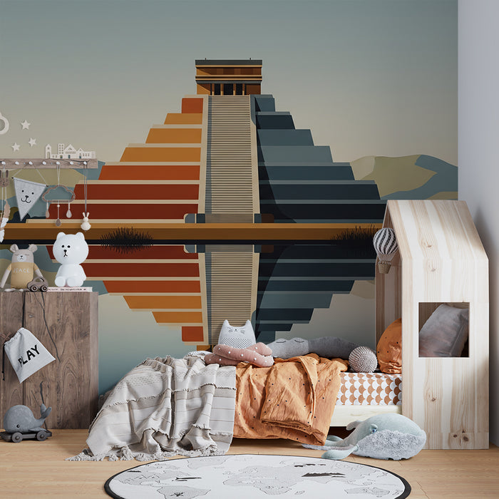 Papier peint chambre enfant | Pyramide colorée et paysage serein