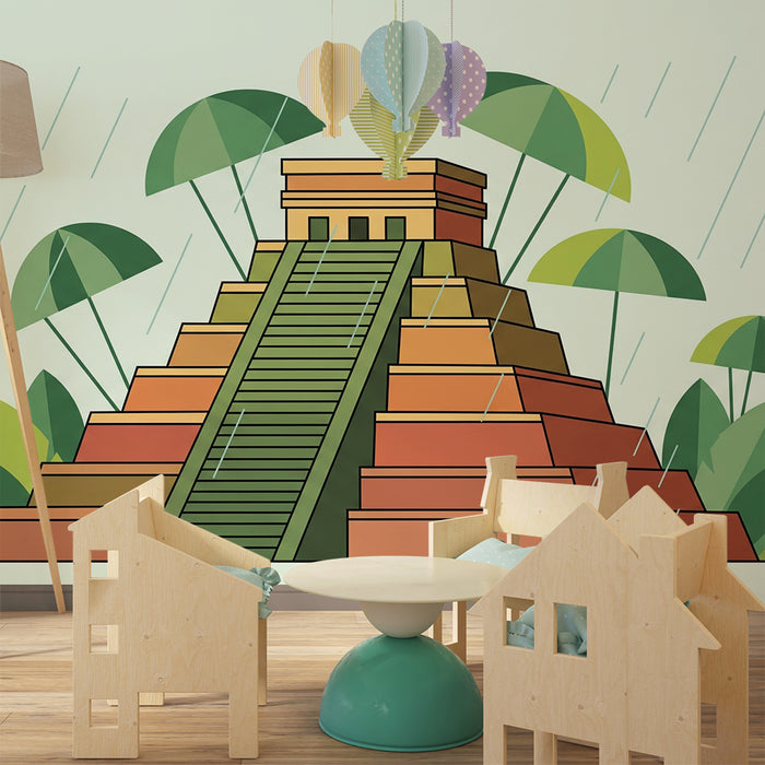 Barnetapet | Fargerik pyramide i regn med tropisk løvverk