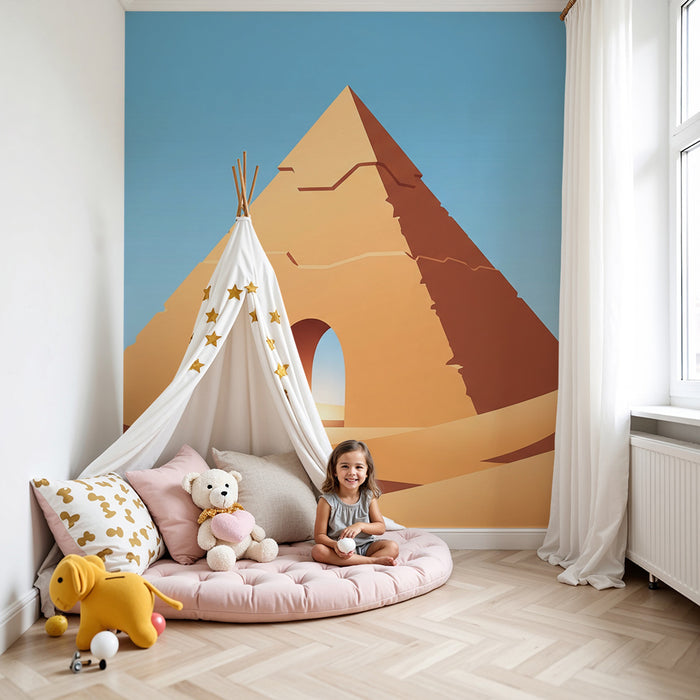Papier peint chambre enfant | Pyramide dans le désert avec dunes dorées