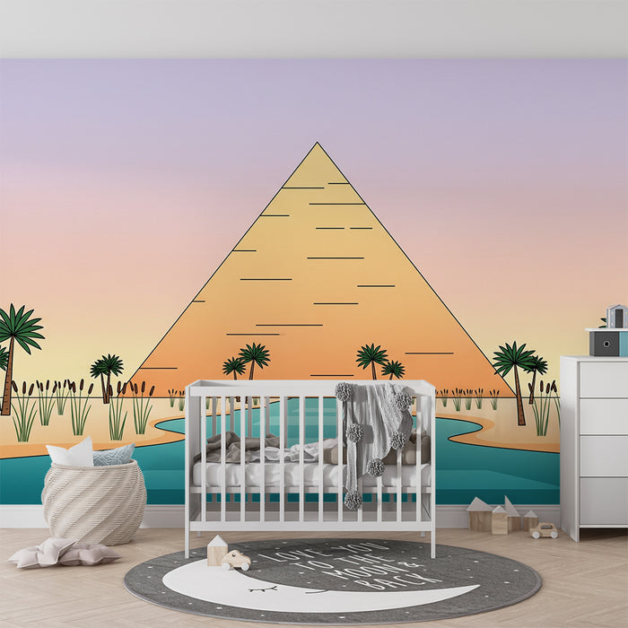Tapeta do dětského pokoje | Egyptská pyramida při západu slunce s palmami