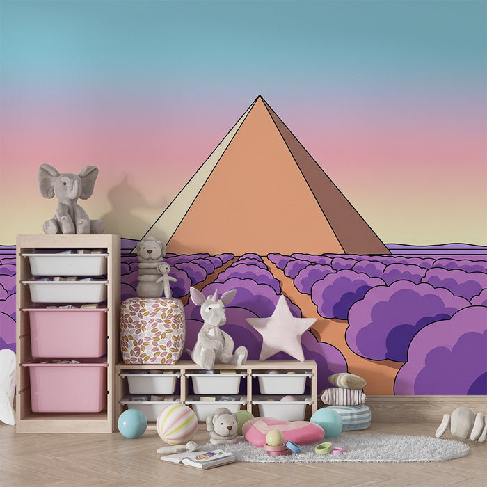Kids' Room Wallpaper | Pyramids and Lavender Fields Under a Pastel Sky