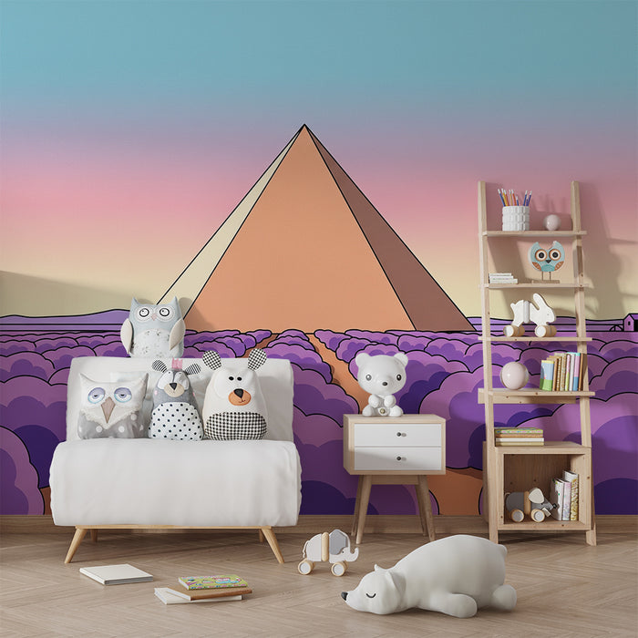 Kids' Room Wallpaper | Pyramids and Lavender Fields Under a Pastel Sky
