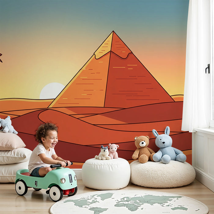 Papier peint chambre enfant | Pyramide et palmier dans un désert ensoleillé
