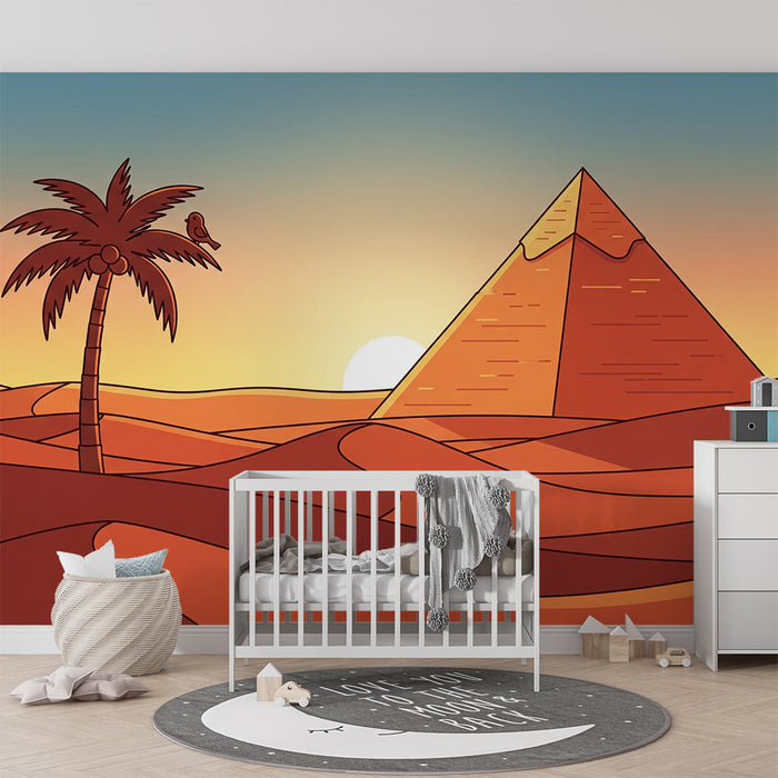 Papier peint chambre enfant | Pyramide et palmier dans un désert ensoleillé