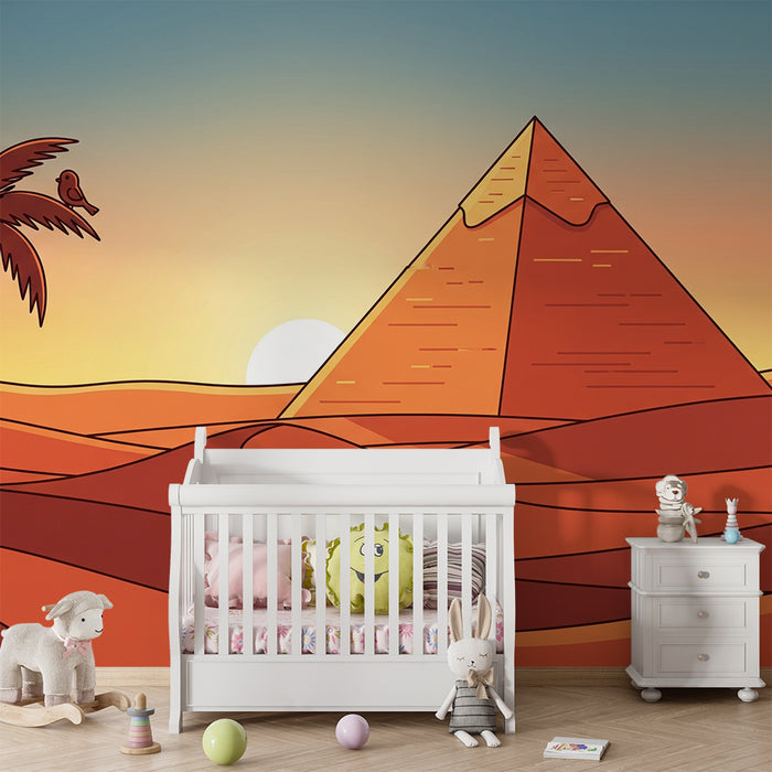Papier peint chambre enfant | Pyramide et palmier dans un désert ensoleillé