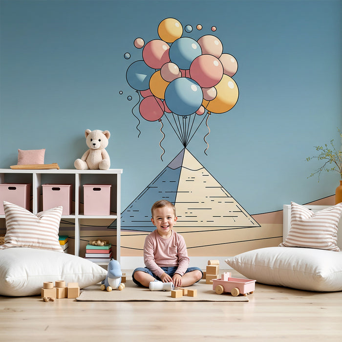 Dětské tapety do pokojíčku | Veselé pyramidy s barevnými balónky na poušti