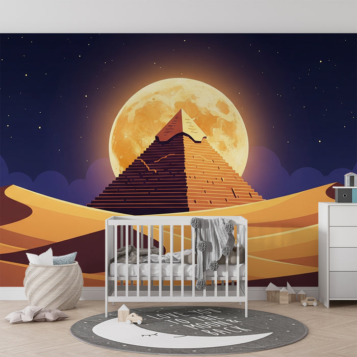 Papel pintado infantil | Pirámide majestuosa bajo la luna llena en el desierto