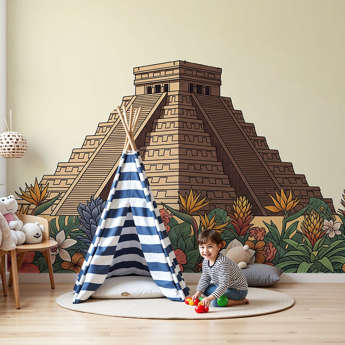 Papier peint chambre enfant | Pyramide maya entourée de fleurs tropicales colorées