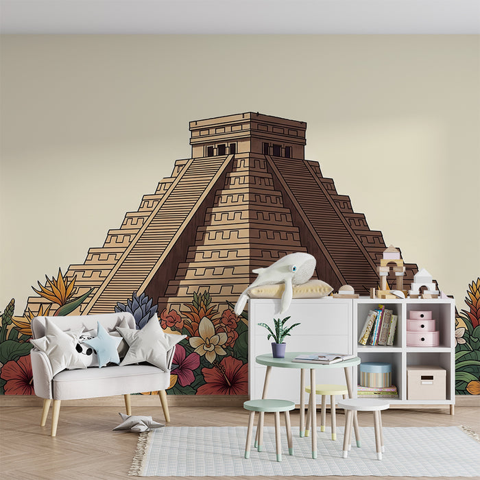 Papier peint chambre enfant | Pyramide maya entourée de fleurs tropicales colorées