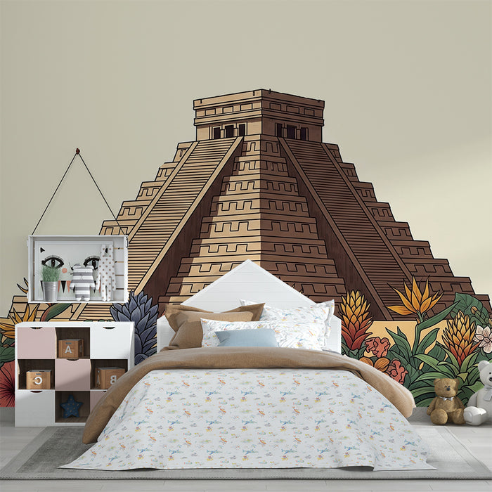 Papier peint chambre enfant | Pyramide maya entourée de fleurs tropicales colorées