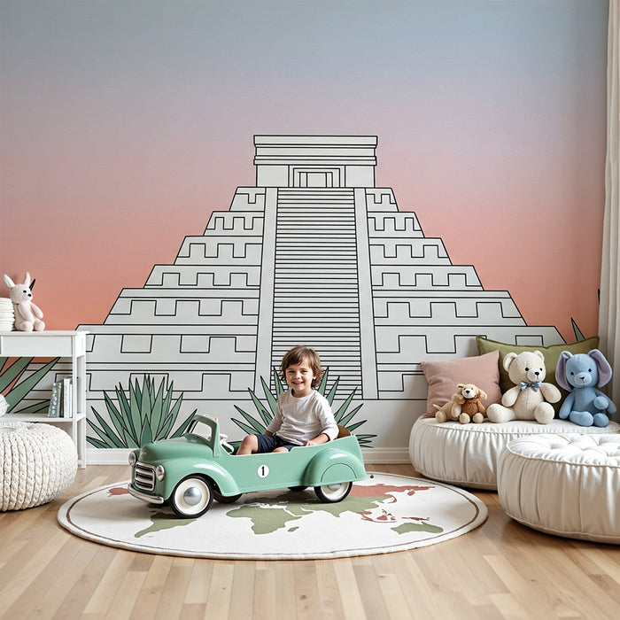 Kinderzimmer-Tapete | Maya-Pyramiden und Agaven unter pastellfarbenem Himmel