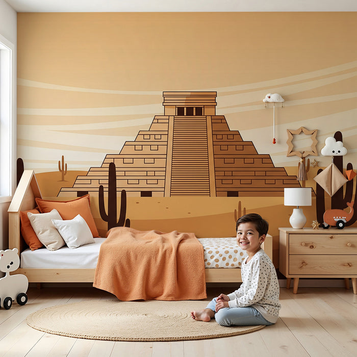 Papier peint chambre enfant | Pyramide mystérieuse dans le désert avec cactus