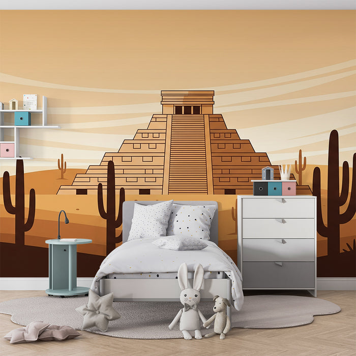 Papier peint chambre enfant | Pyramide mystérieuse dans le désert avec cactus