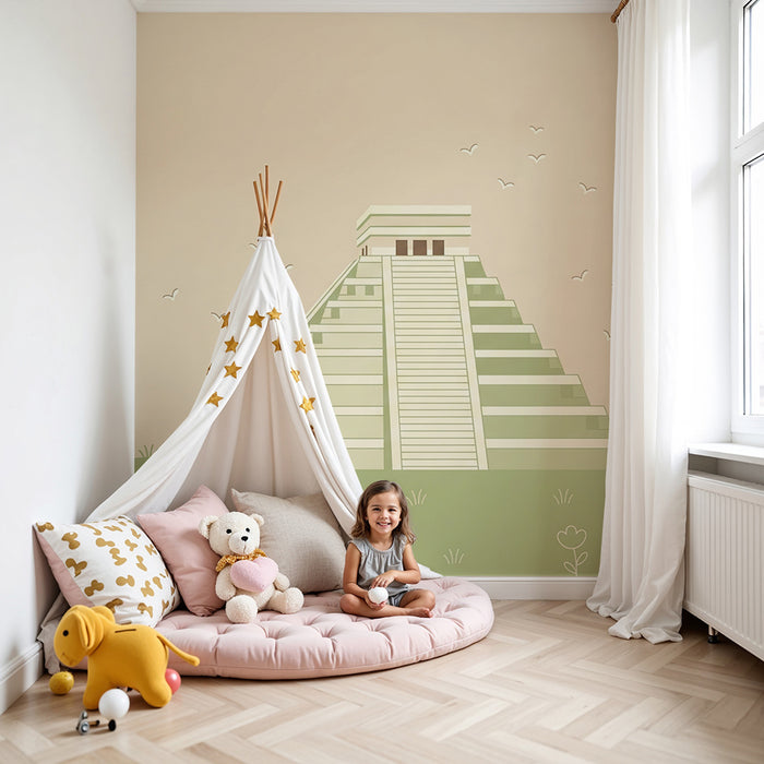 Papier peint chambre enfant | Pyramide mystérieuse et paysage verdoyant