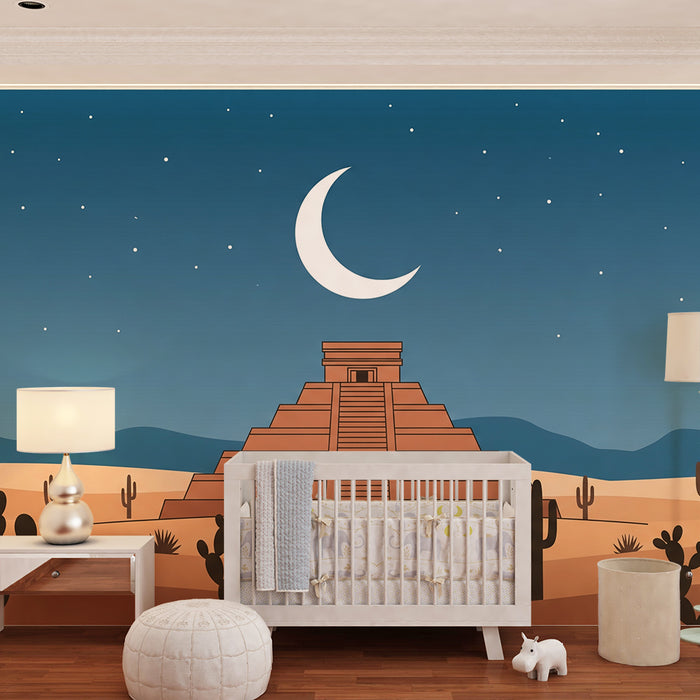Papel de parede para quarto de criança | Pirâmide sob um céu estrelado e lua crescente
