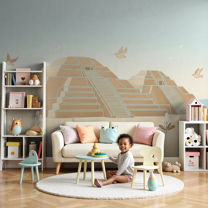 Papier peint chambre enfant | Pyramides anciennes et oiseaux dans un paysage doux