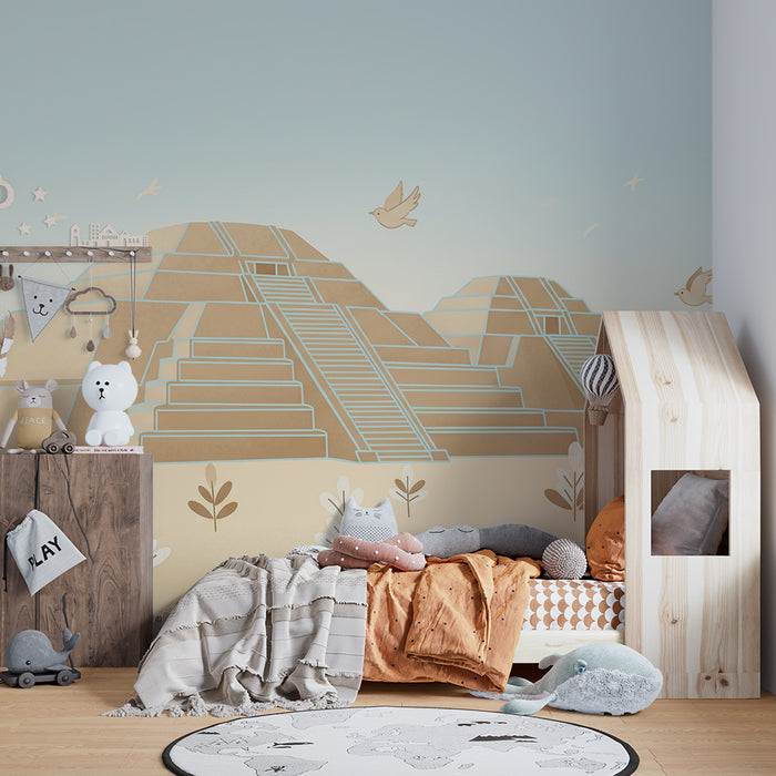 Papier peint chambre enfant | Pyramides anciennes et oiseaux dans un paysage doux