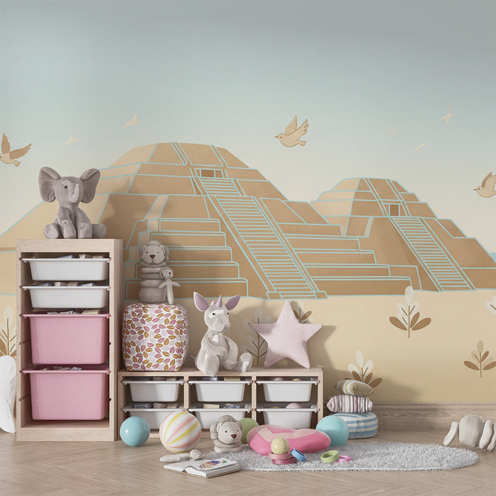 Papier peint chambre enfant | Pyramides anciennes et oiseaux dans un paysage doux