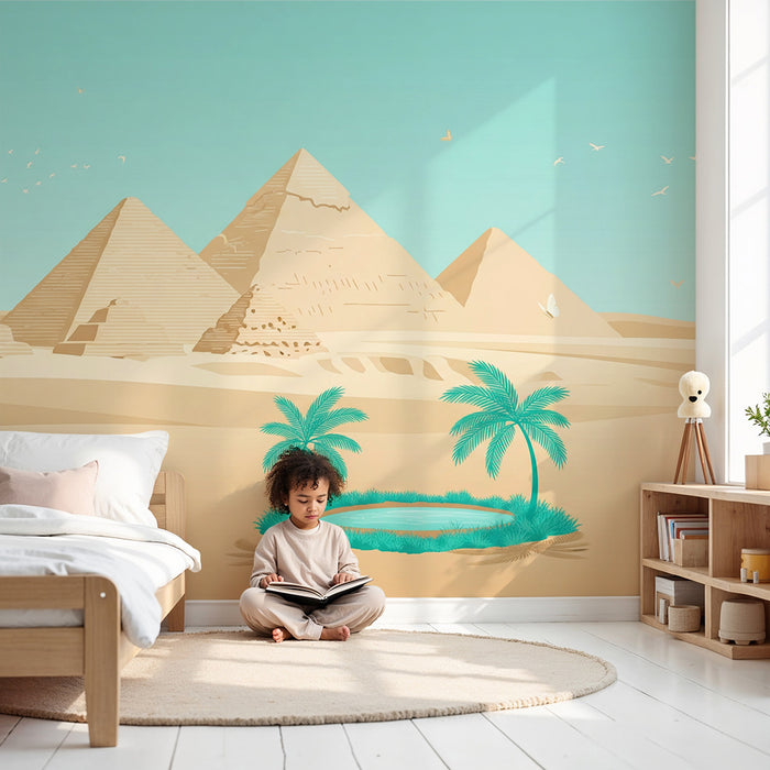 Papier peint chambre enfant | Pyramides égyptiennes et oasis tropicale