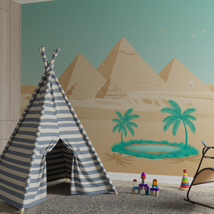 Papier peint chambre enfant | Pyramides égyptiennes et oasis tropicale