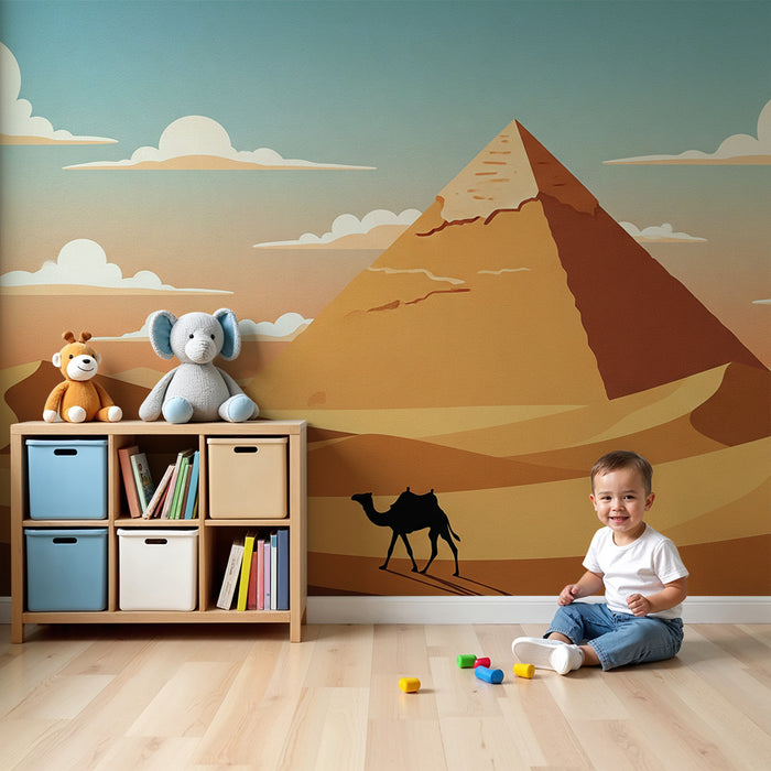 Kinderzimmer-Tapete | Pyramiden und Wüste mit Kamel-Silhouette