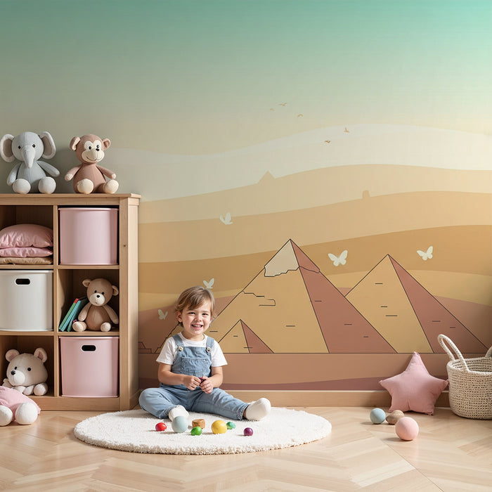Papier peint chambre enfant | Pyramides et oasis dans un paysage désertique doux