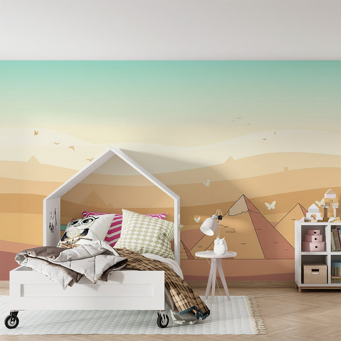 Papier peint chambre enfant | Pyramides et oasis dans un paysage désertique doux
