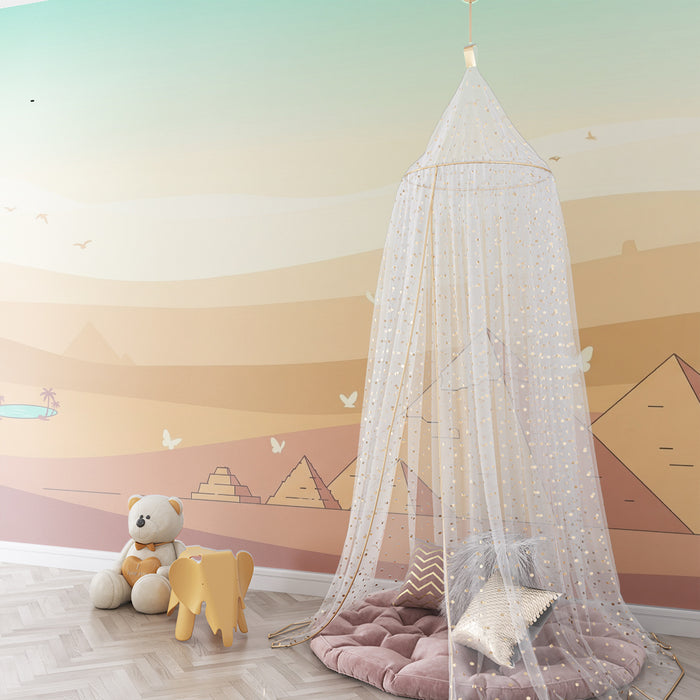 Papier peint chambre enfant | Pyramides et oasis dans un paysage désertique doux