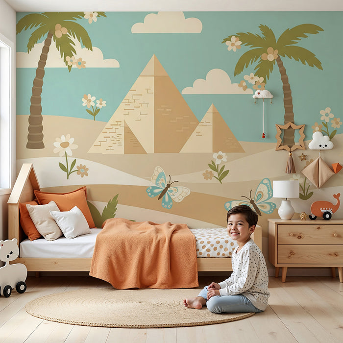 Papel pintado infantil | Pirámides, palmeras y mariposas en un paisaje soleado