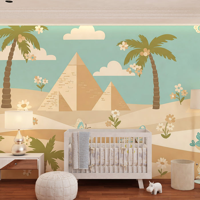 Papel pintado infantil | Pirámides, palmeras y mariposas en un paisaje soleado