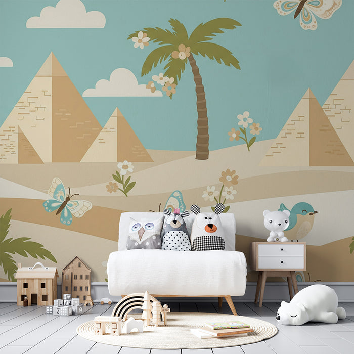 Papel pintado infantil | Pirámides, palmeras y mariposas en un paisaje soleado