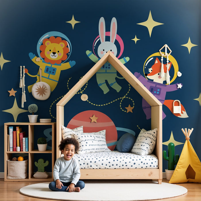 Papel pintado infantil | Cuatro animales astronautas en el espacio
