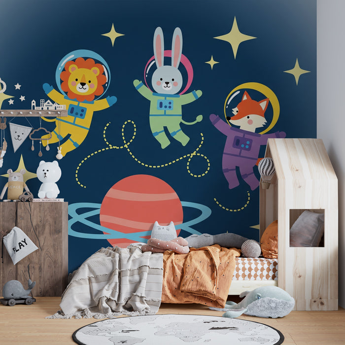 Papel pintado infantil | Cuatro animales astronautas en el espacio