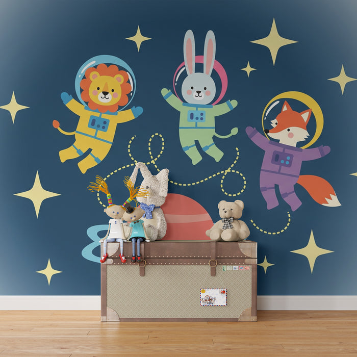 Papel pintado infantil | Cuatro animales astronautas en el espacio