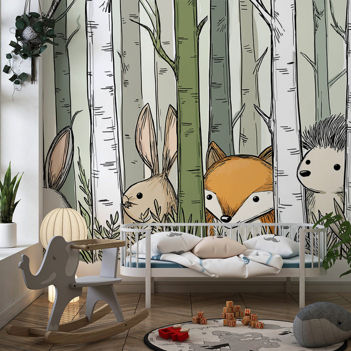Dětská tapeta | Čtyři zvířata lesa skrytá mezi stromy