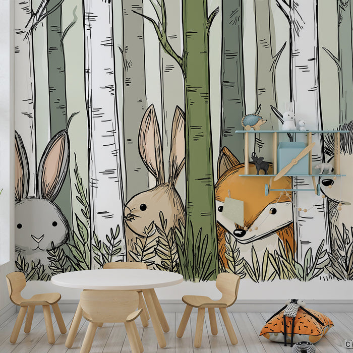 Dětská tapeta | Čtyři zvířata lesa skrytá mezi stromy