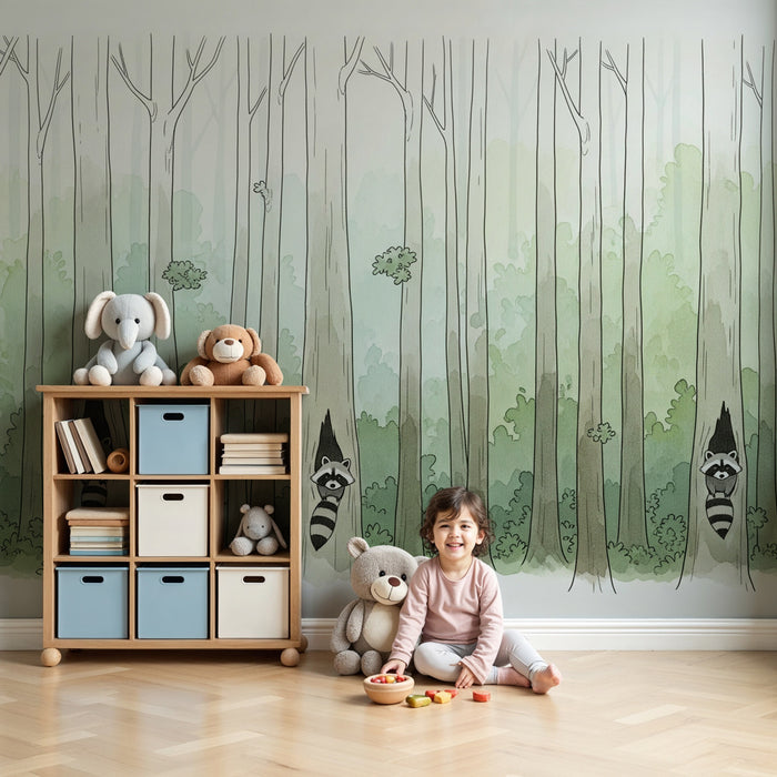 Papel de parede criança | Guaxinins na floresta encantada